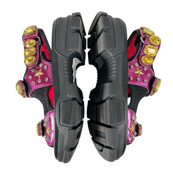 GUCCI Nappa Mesh Technical Canvas Calfskin Aguru Trek Crystal Chunky Sandals - Picture 5 of 9